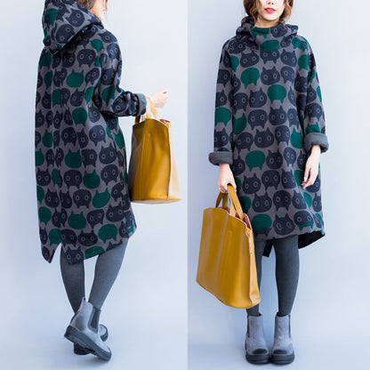 Long Thick Hooded Printed Sweater for Women