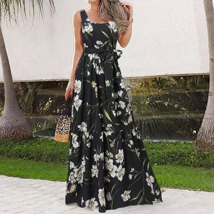 Irregular Belted Sleeveless Maxi Cake Dress
