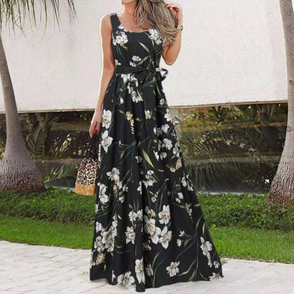 Irregular Belted Sleeveless Maxi Cake Dress