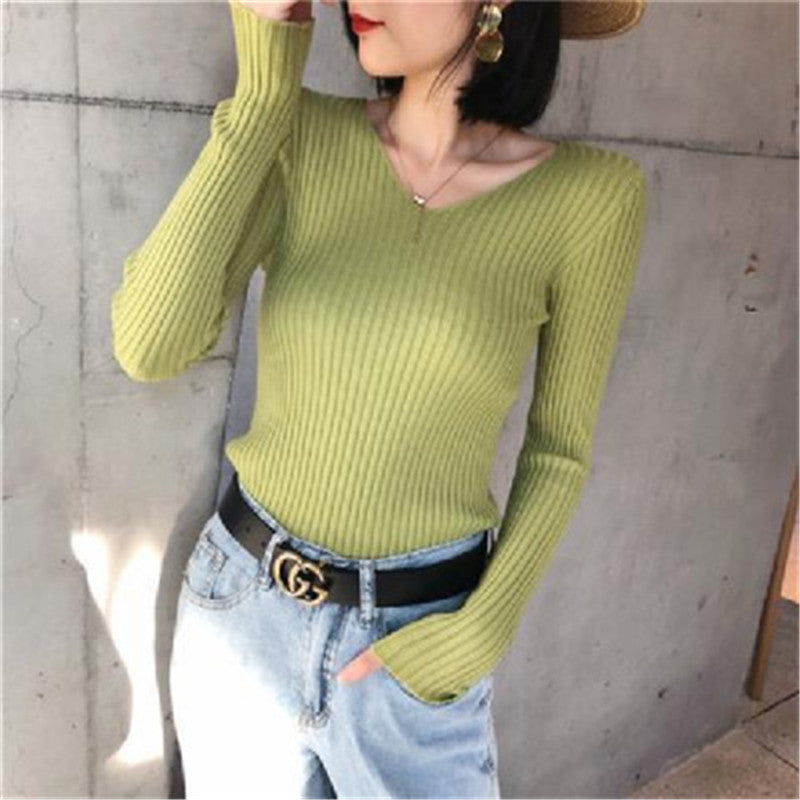 V-Neck Knitted Sweater for Women - Versatile Fall Top