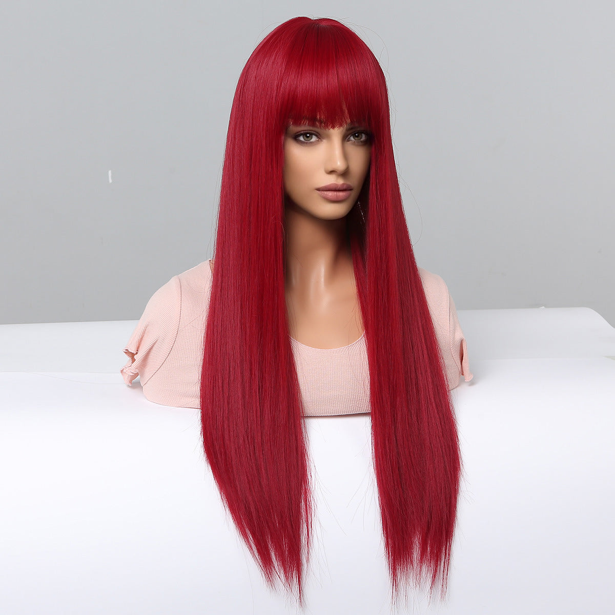 Red Long Straight Wig in European-American Style