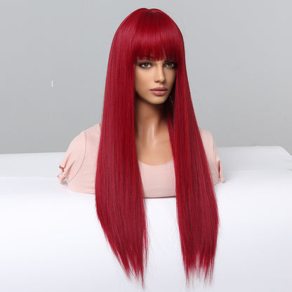 Red Long Straight Wig in European-American Style