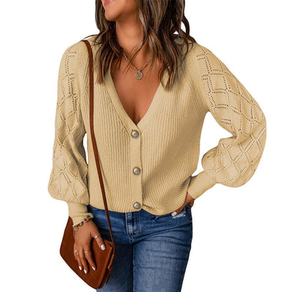 Solid Color Rhombus Puff Sleeve Knit Sweater Coat
