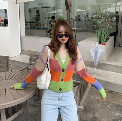 Retro Rainbow Knit Sweater Jacket for Women