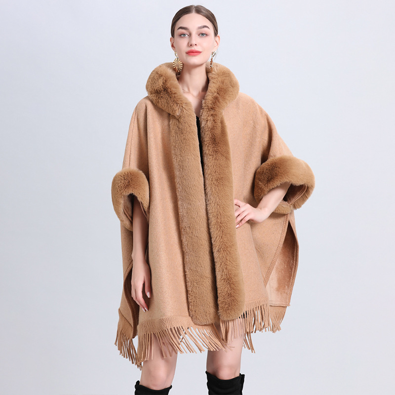 Fur Collar Knitted Poncho with Hoodie