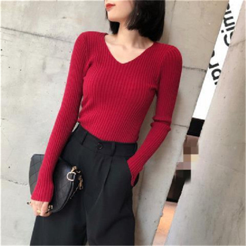V-Neck Knitted Sweater for Women - Versatile Fall Top