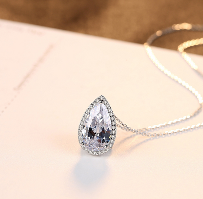 S925 Silver Long Water Drop Pendant Crystal Necklace