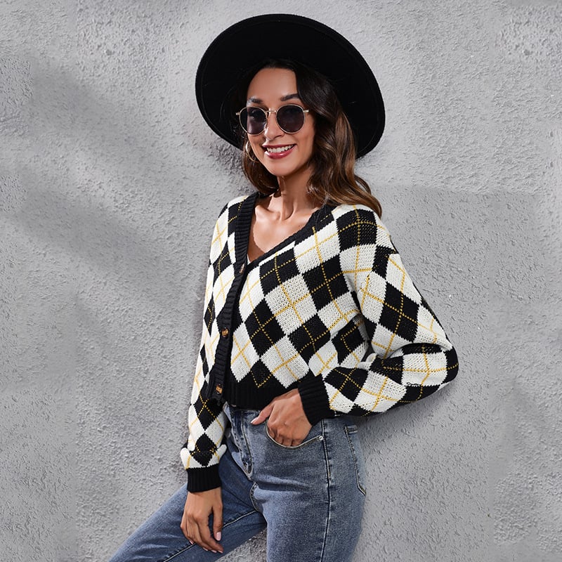 Retro Diamond Knit Cardigan Sweater for Women