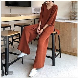 Women's Knit Set with Loose Sweater and Wide Leg Pants