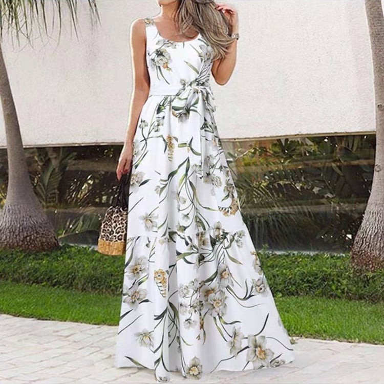 Irregular Belted Sleeveless Maxi Cake Dress