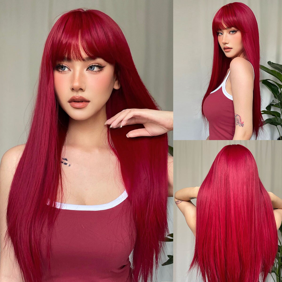 Red Long Straight Wig in European-American Style