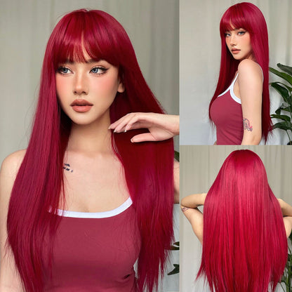 Red Long Straight Wig in European-American Style