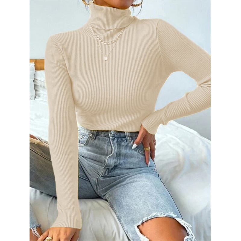 High Neck Knitted Pullover Sweater for Women
