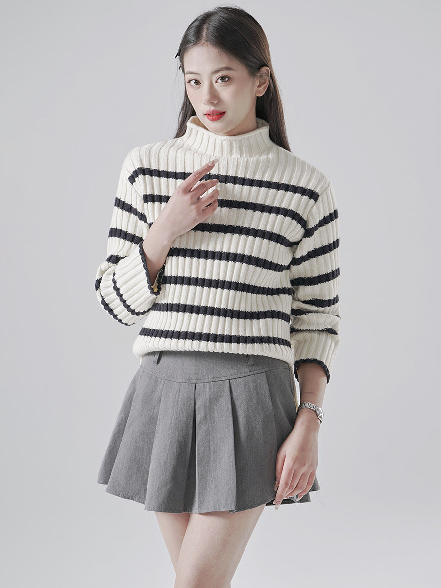 Striped Half Turtleneck Knitted Sweater for Women
