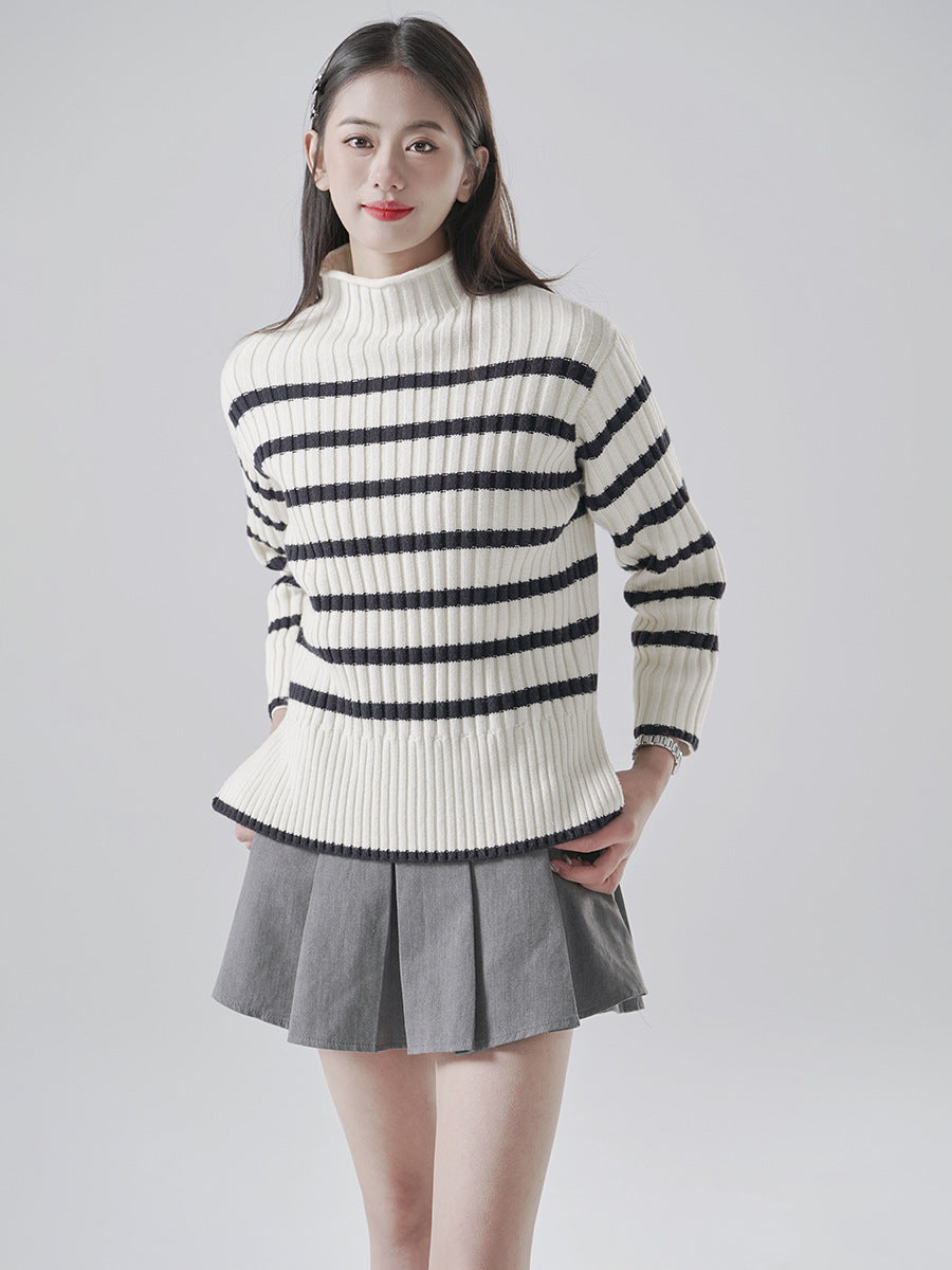 Striped Half Turtleneck Knitted Sweater for Women