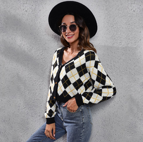 Retro Diamond Knit Cardigan Sweater for Women