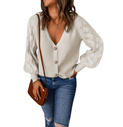 Solid Color Rhombus Puff Sleeve Knit Sweater Coat