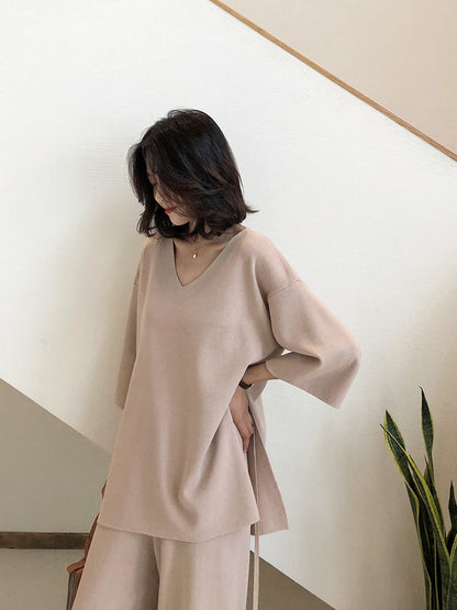 Women's Knit Set with Loose Sweater and Wide Leg Pants