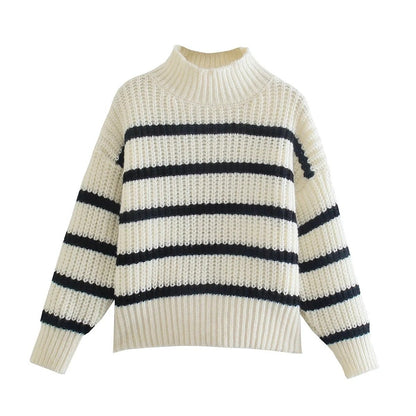 Striped Half Turtleneck Knitted Sweater for Women