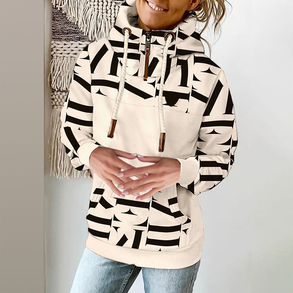 High Neck Printed Fleece Sweater for Women