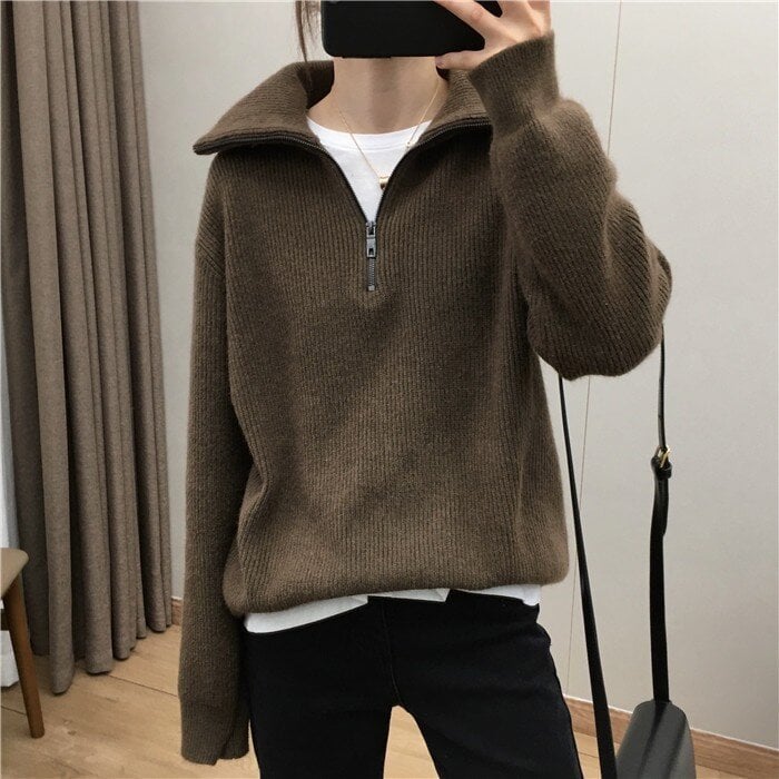 Elegant Large Lapel Zipper Sweater for Women