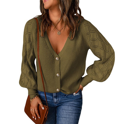 Solid Color Rhombus Puff Sleeve Knit Sweater Coat