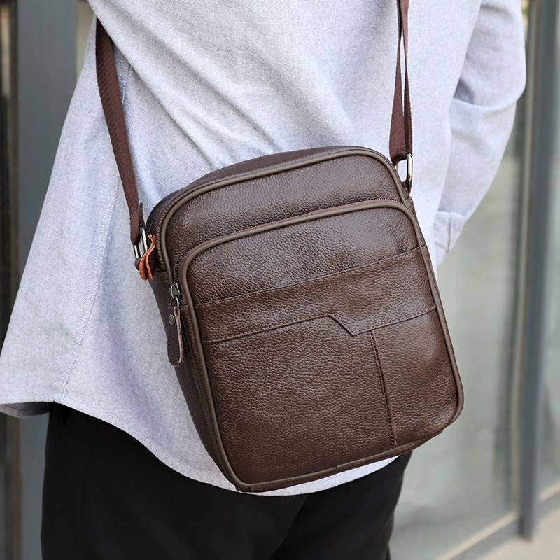 Leather Embossed Zipper Shoulder Satchel Bag for Men