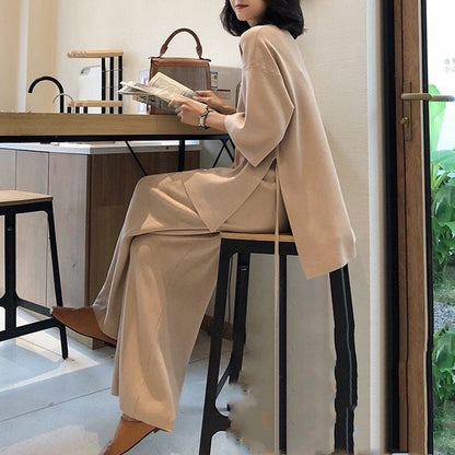 Women's Knit Set with Loose Sweater and Wide Leg Pants