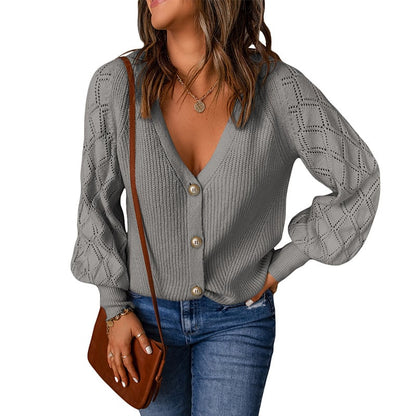 Solid Color Rhombus Puff Sleeve Knit Sweater Coat