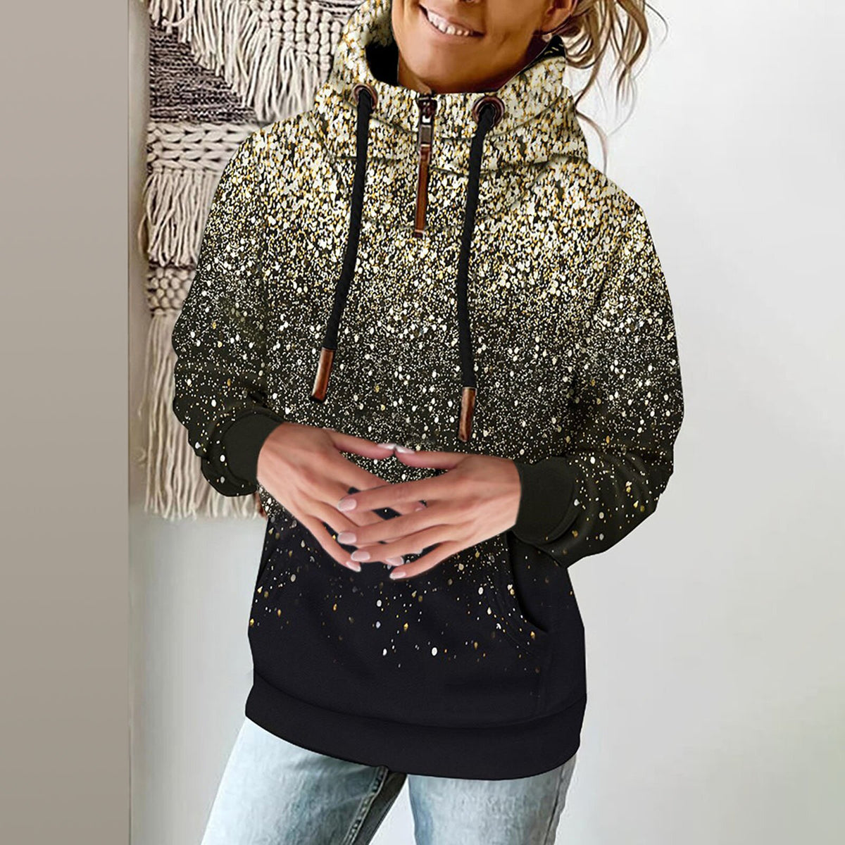 High Neck Printed Fleece Sweater for Women