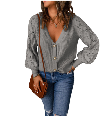Solid Color Rhombus Puff Sleeve Knit Sweater Coat