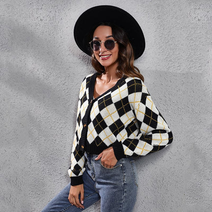 Retro Diamond Knit Cardigan Sweater for Women