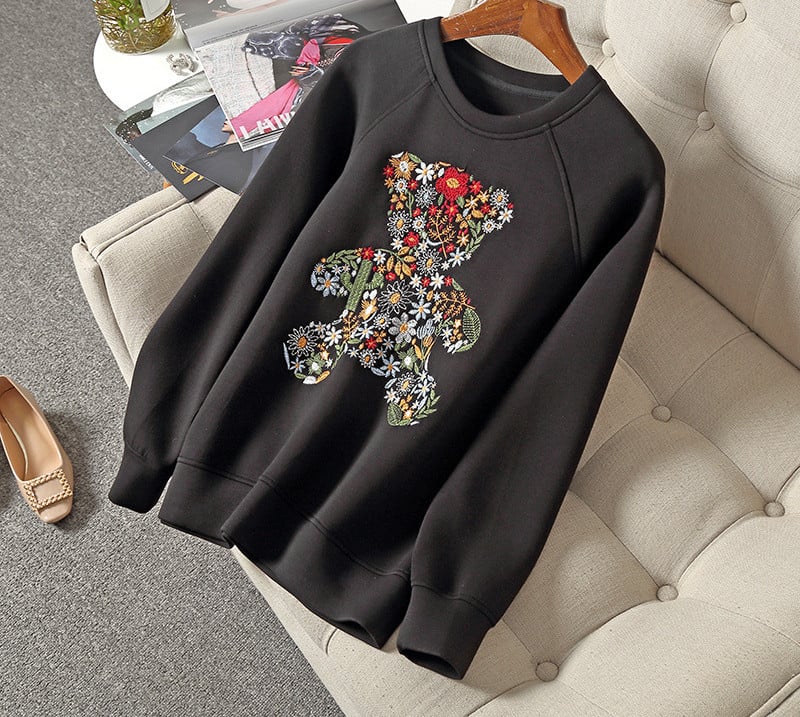 Embroidered Bear Space Cotton Sweater for Women