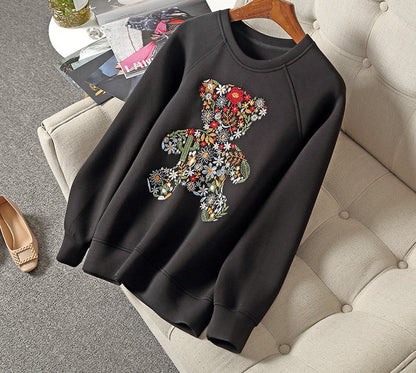 Embroidered Bear Space Cotton Sweater for Women
