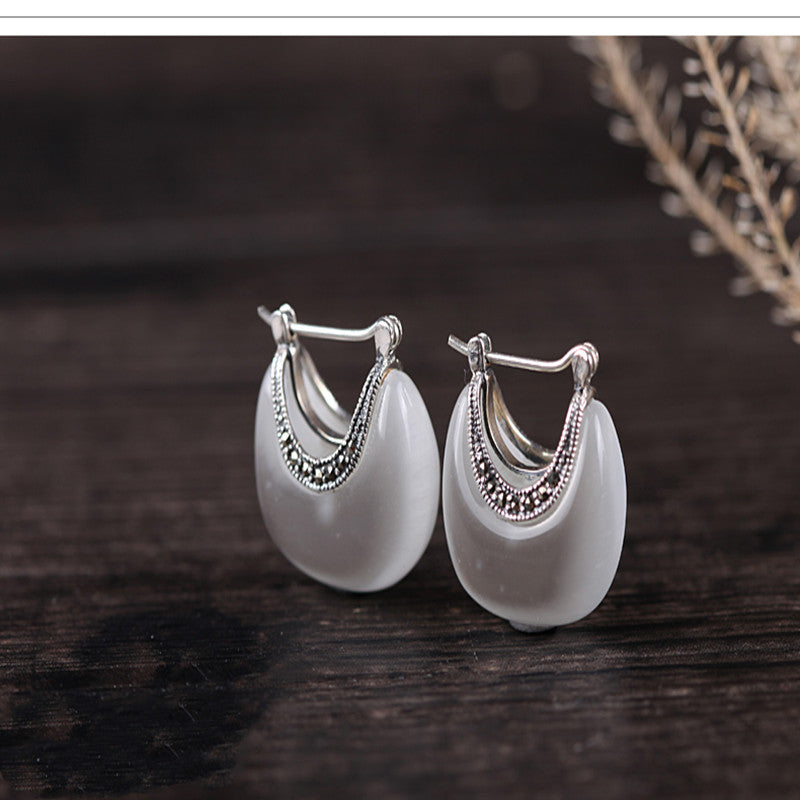 925 Silver Vintage Cat Eye Stone Earrings (Genuine)