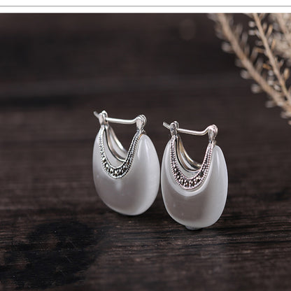 925 Silver Vintage Cat Eye Stone Earrings (Genuine)