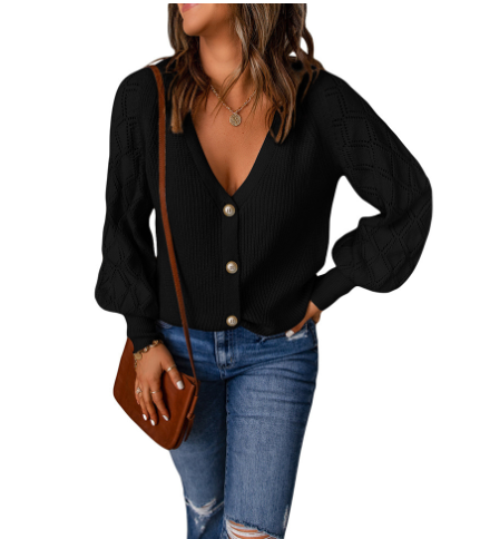 Solid Color Rhombus Puff Sleeve Knit Sweater Coat