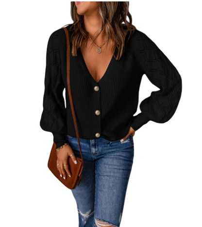 Solid Color Rhombus Puff Sleeve Knit Sweater Coat
