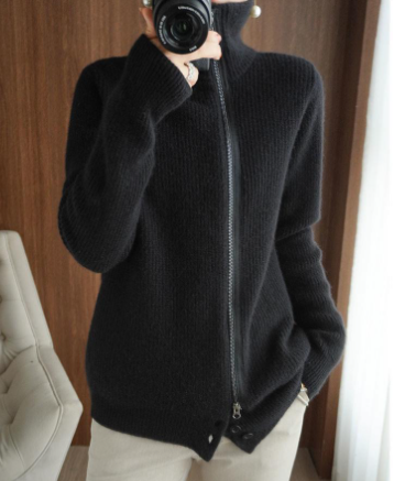 Thick Knit Cardigan with Zipper and Long Sleeves