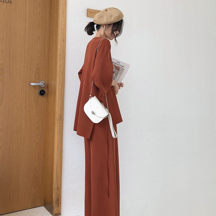 Women's Knit Set with Loose Sweater and Wide Leg Pants