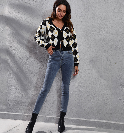Retro Diamond Knit Cardigan Sweater for Women