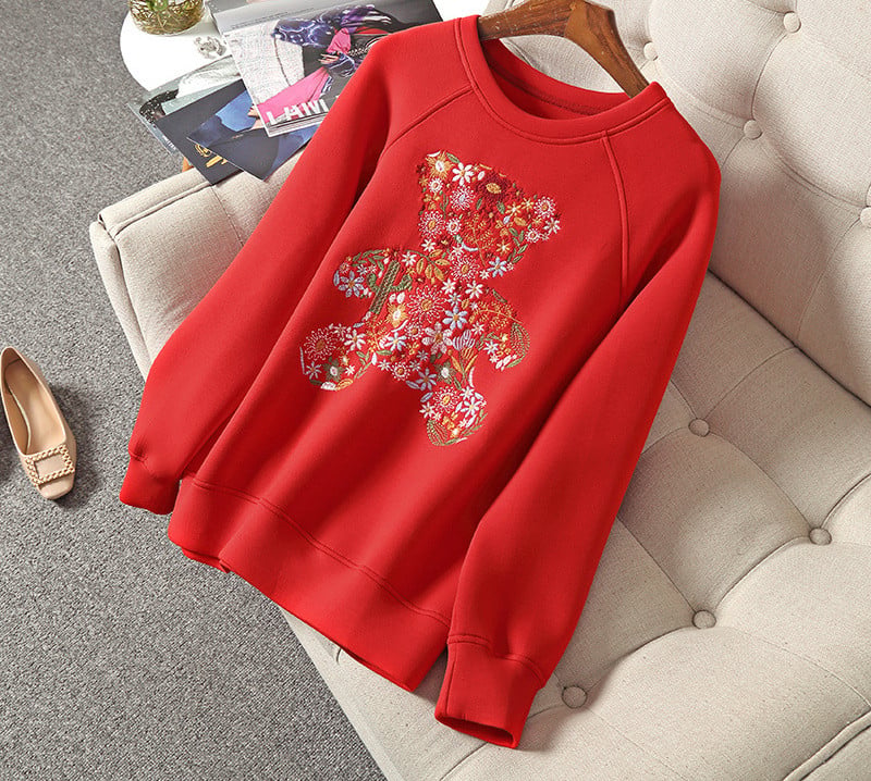 Embroidered Bear Space Cotton Sweater for Women