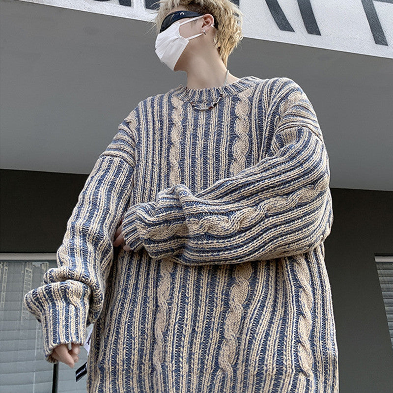 Retro Striped American Loose Fit Round Neck Sweater