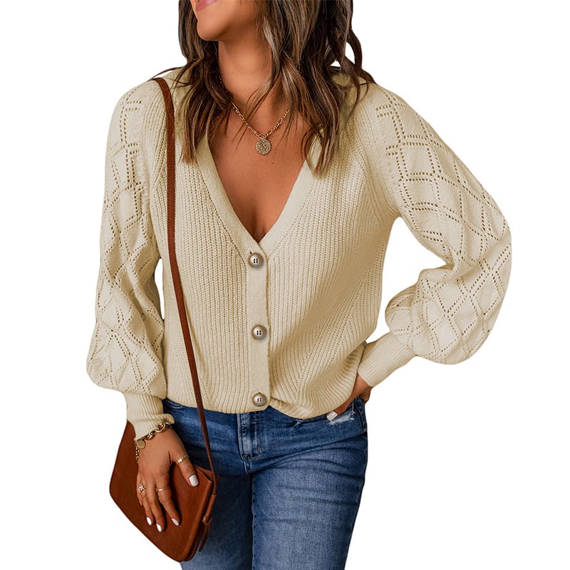 Solid Color Rhombus Puff Sleeve Knit Sweater Coat