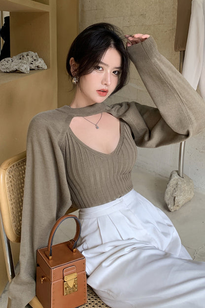 Korean Style Long Sleeve Crop Hoodie with Cape Design