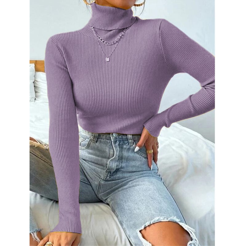 High Neck Knitted Pullover Sweater for Women