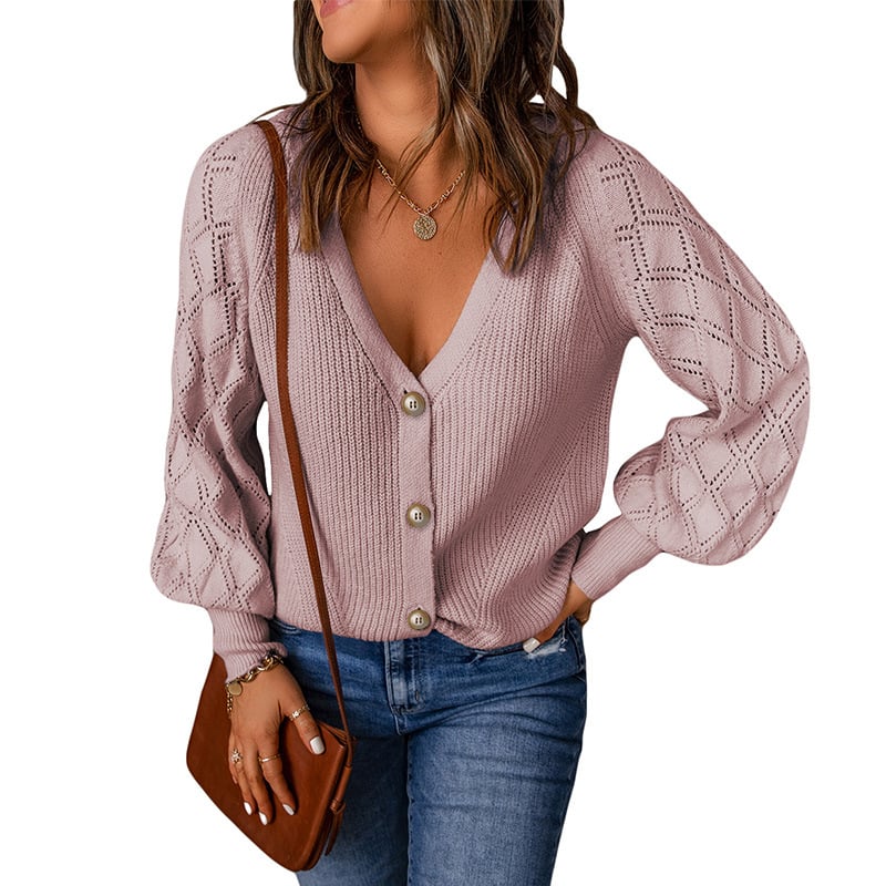 Solid Color Rhombus Puff Sleeve Knit Sweater Coat