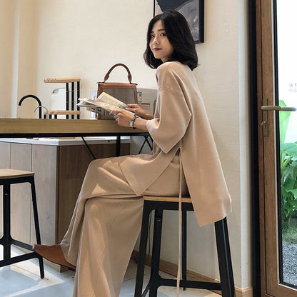 Women's Knit Set with Loose Sweater and Wide Leg Pants