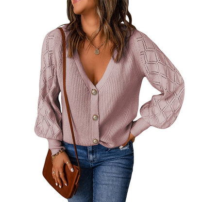 Solid Color Rhombus Puff Sleeve Knit Sweater Coat