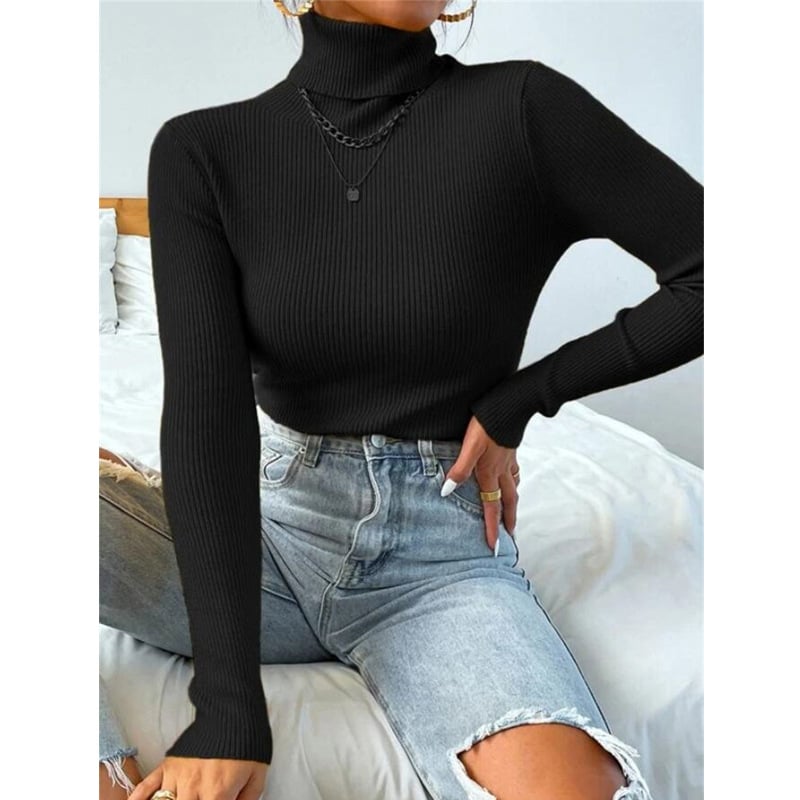 High Neck Knitted Pullover Sweater for Women